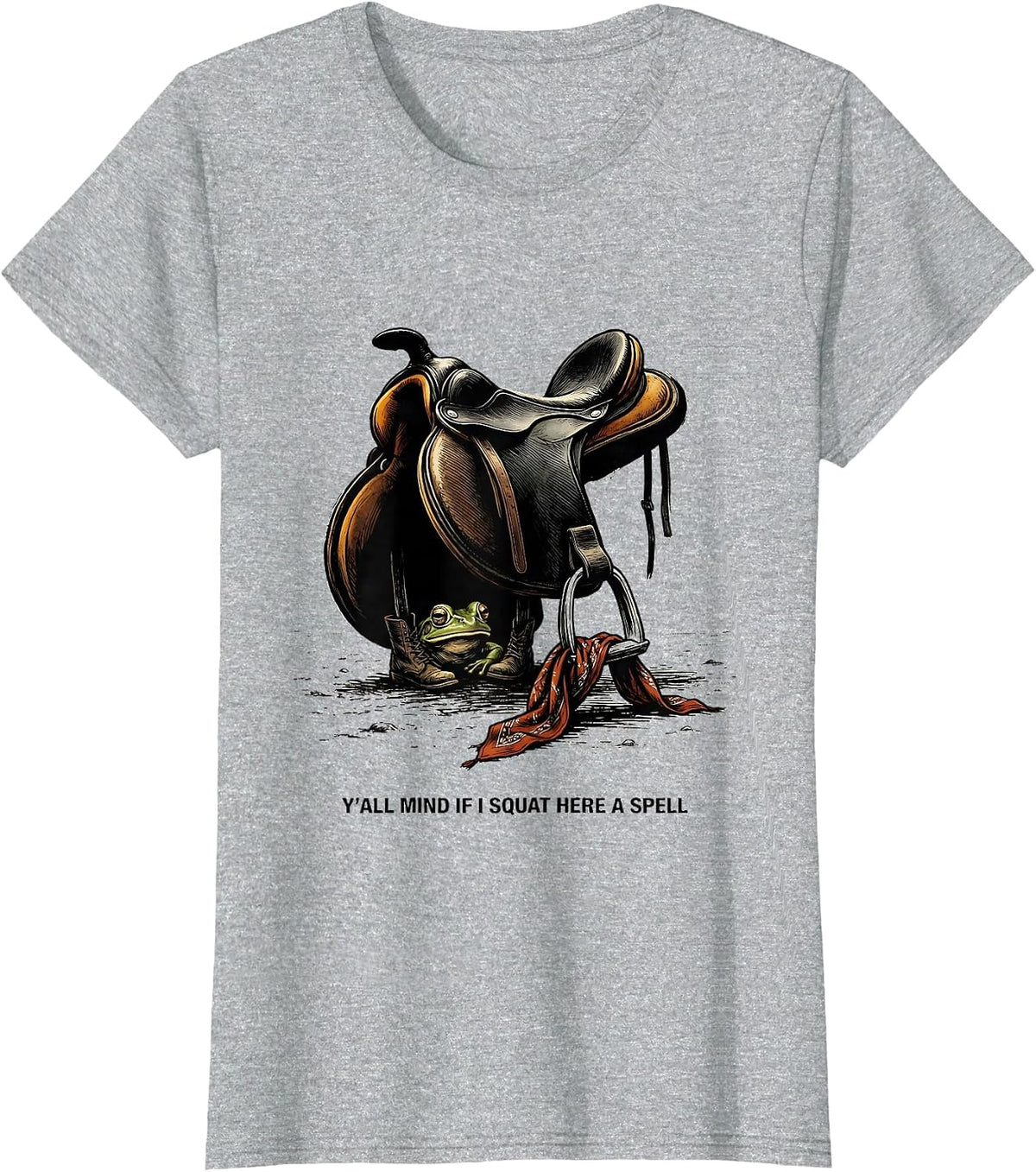 Women's Y'all Mind If I Squat Here A Spell Funny Cowboy Frog Meme T-Shirt - Heather Grey