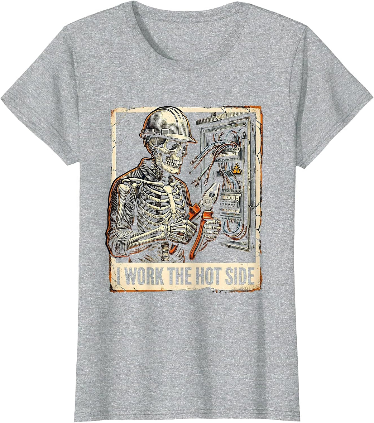 I Work The Hot Side Funny Skeleton Electrician Lineman T-Shirt - Heather Grey