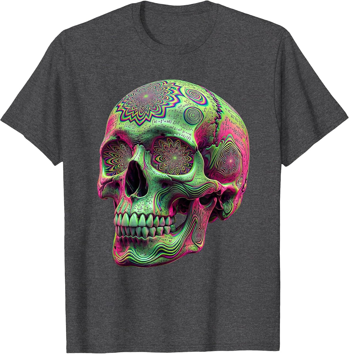 Skull Mathematical Formulas Engraved Art Design T-Shirt - Dark Heather Grey