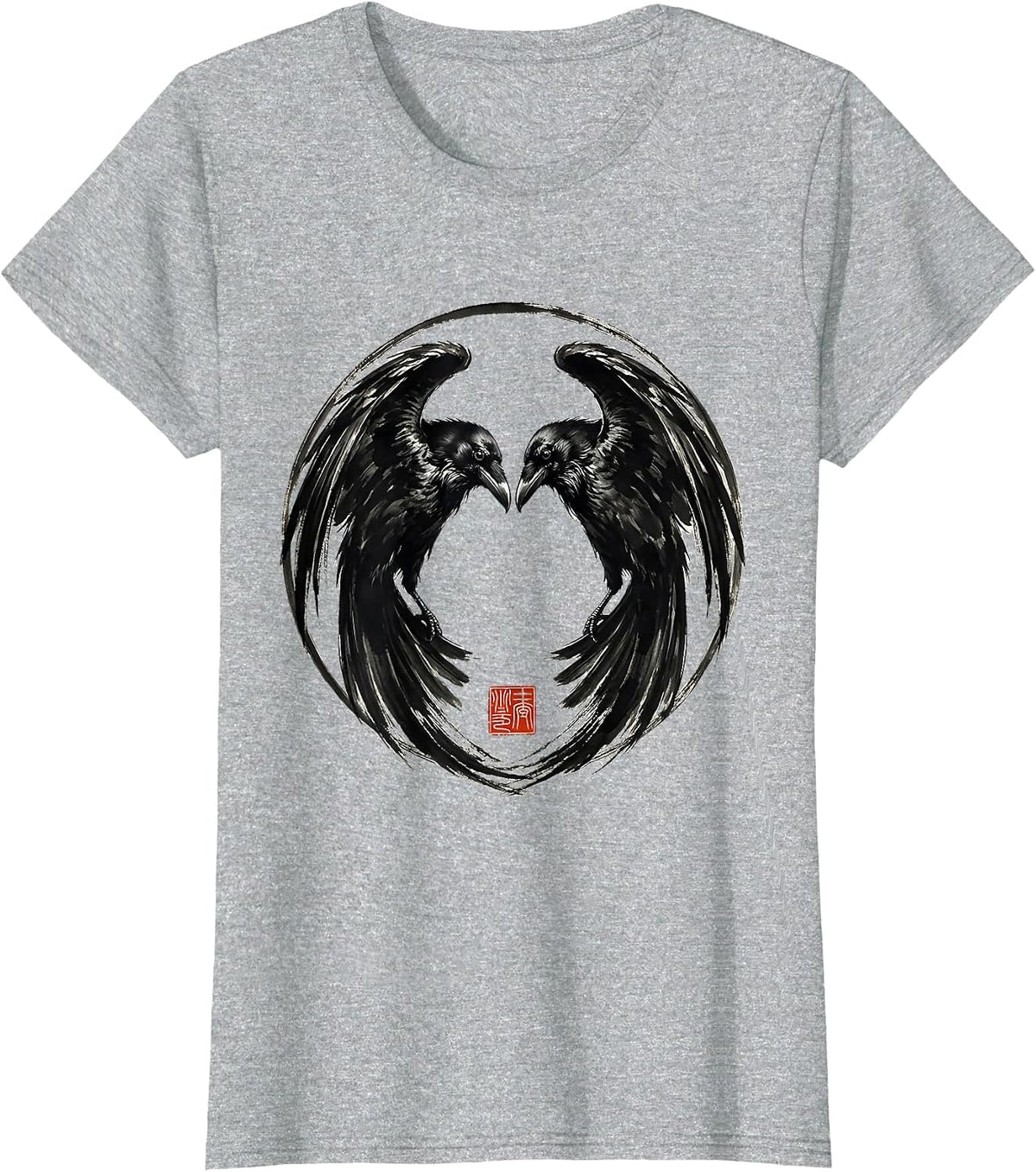 Twin Ravens Symmetrical Mirror Design T-Shirt - Heather Grey