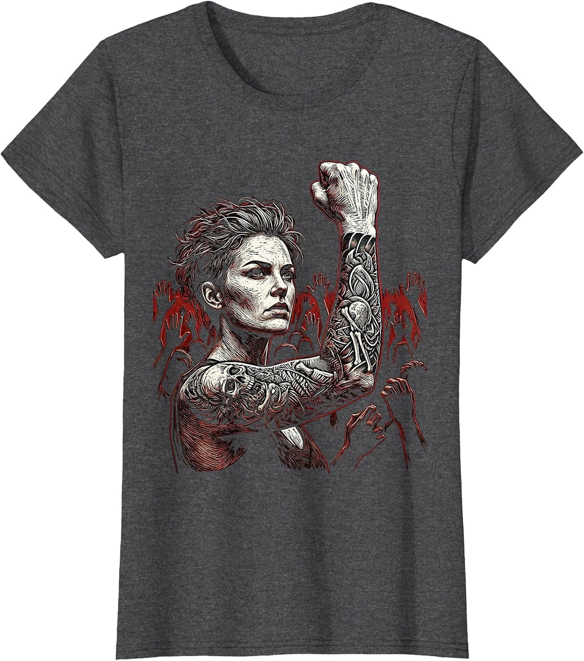 Women's Grunge Tattooed Fist Raise Crowd Illustration T-Shirt - Dark Heather Grey