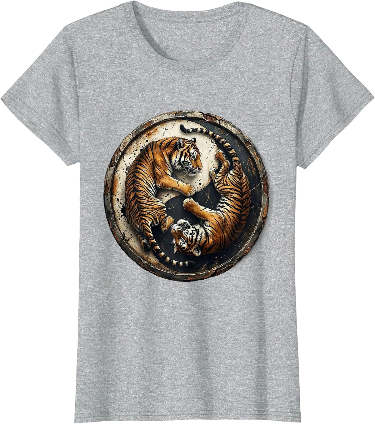 Tiger Yin Yang Circling Duo Graphic Design T-Shirt - Heather Grey