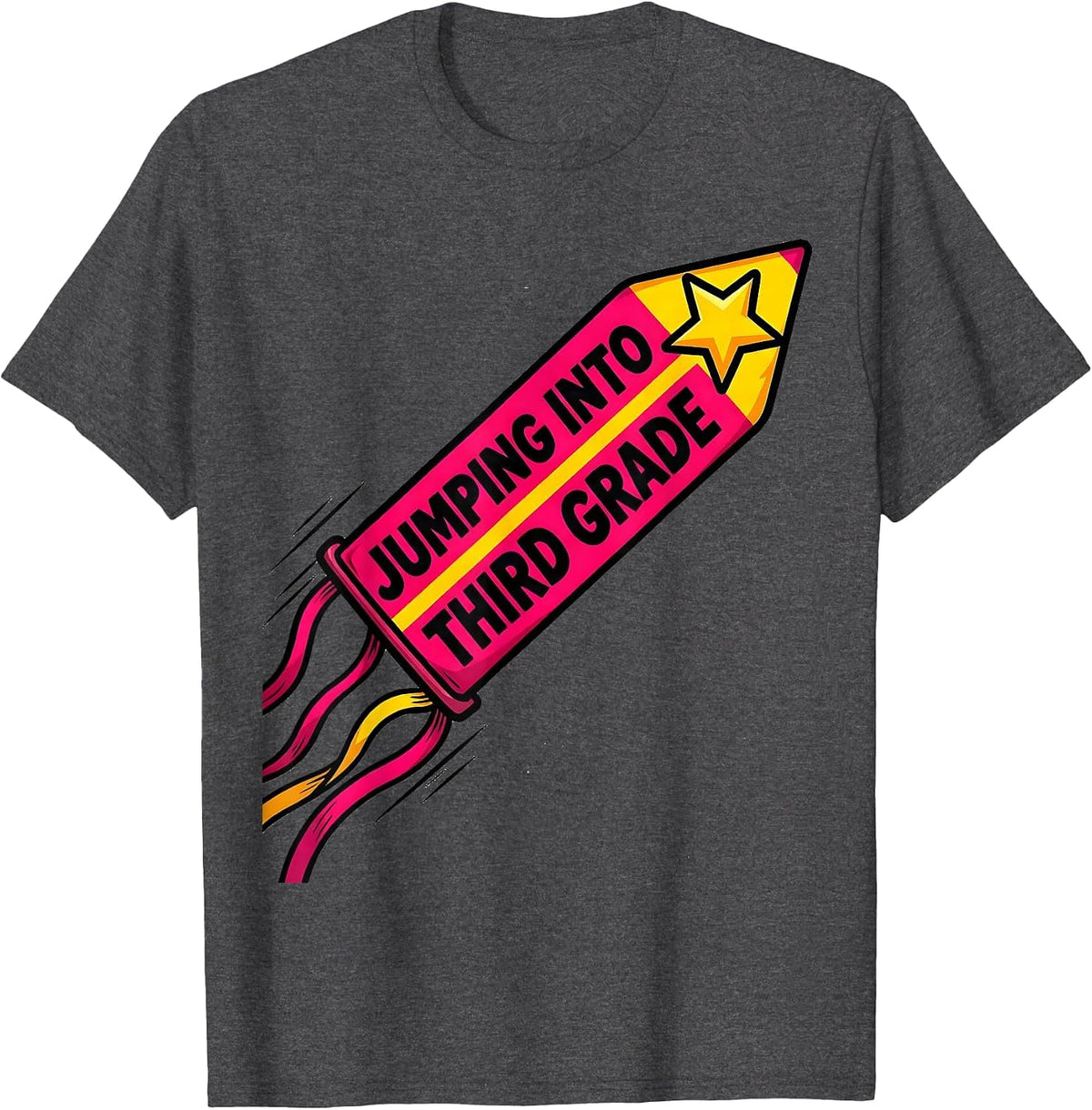 Jumping Into Third Grade Cartoon Pennant Flag Girls Back T-Shirt - Dark Heather Grey