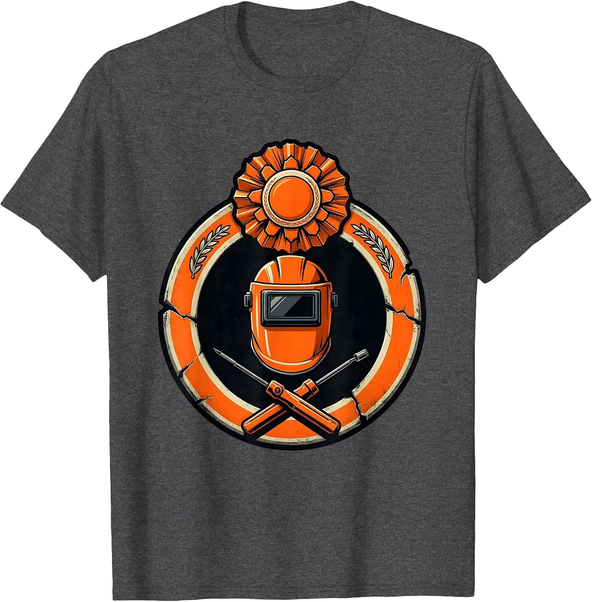 Men's Sealed Welding Helmet Emblem Funny Construction Worker Gag T-Shirt - Dark Heather Grey