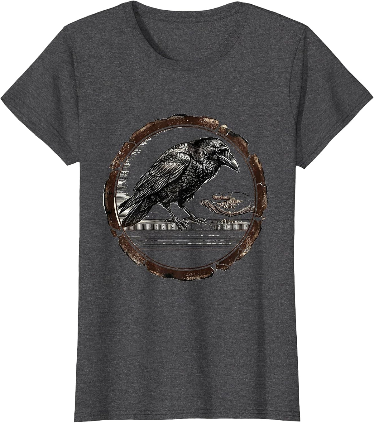Women's Stamped Crow Seal Dark Humor Gothic Bird Lover T-Shirt - Dark Heather Grey