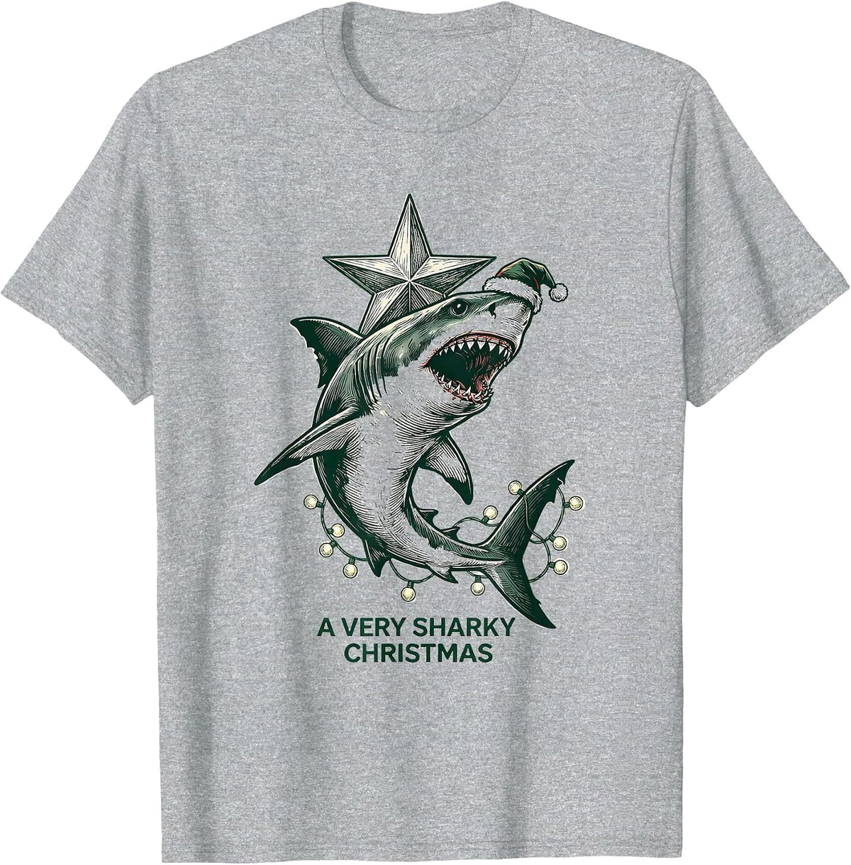 Men's A Very Sharky Christmas Funny Shark Santa Hat Holiday Lights T-Shirt - Heather Grey