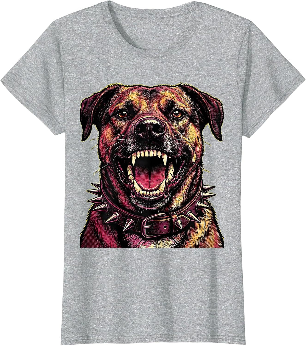 Snarling Punk Dog Studded Collar Graphic Design T-Shirt - Heather Grey