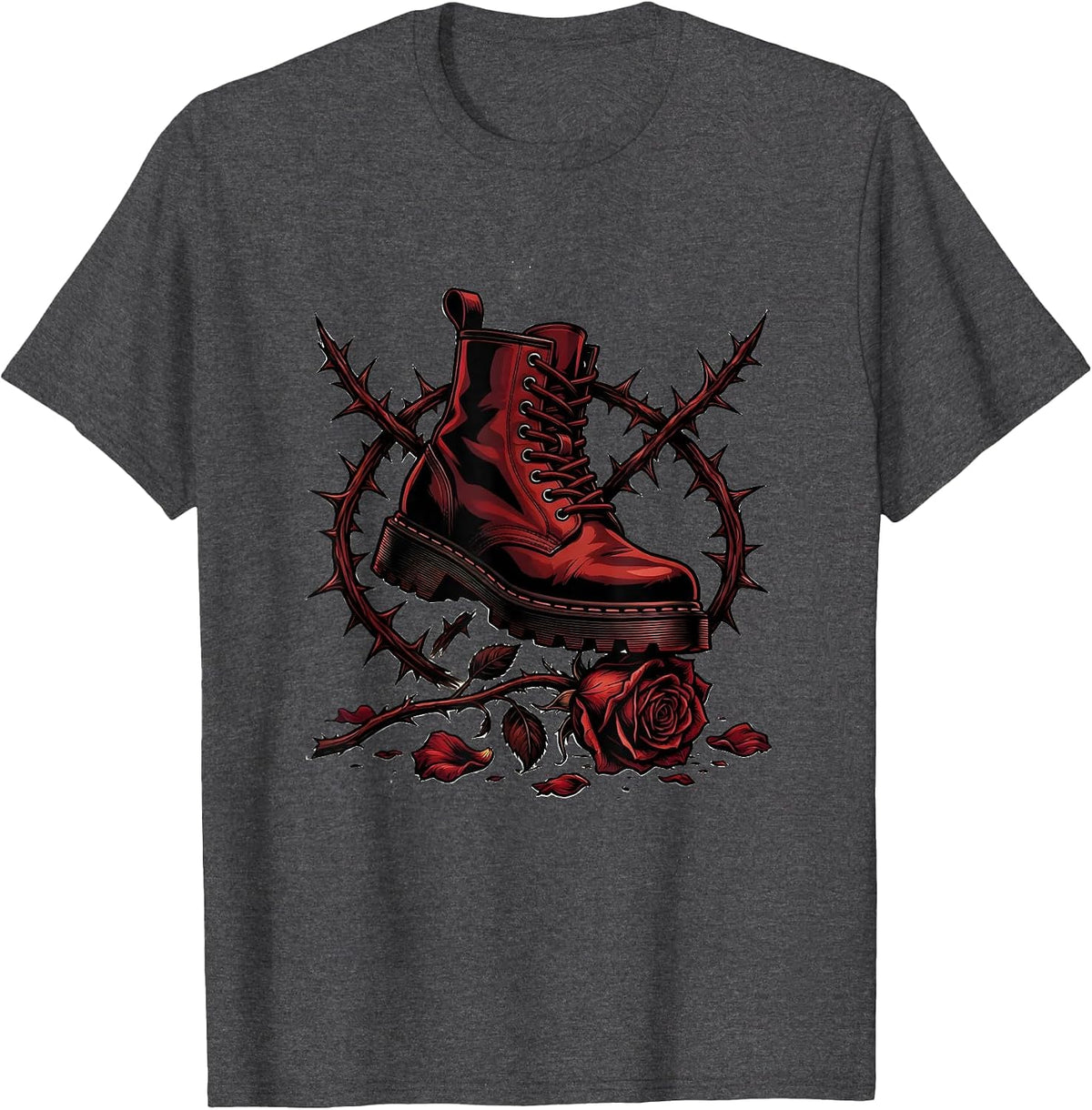 Grunge Combat Boot Crushing Wilted Flower Art T-Shirt - Dark Heather Grey