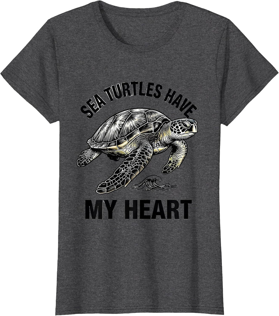 Women's Sea Turtles Have My Heart Ocean Animal Lover Beach Casual T-Shirt - Dark Heather Grey