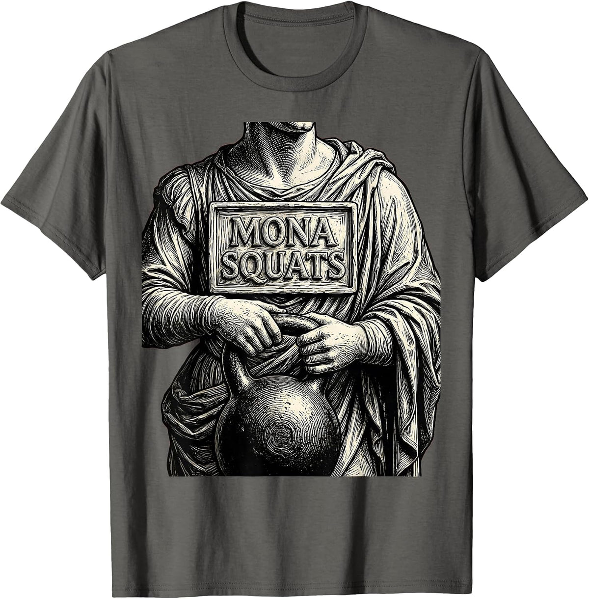 Mona Squats Funny Renaissance Art Parody Fitness Humor T-Shirt - Asphalt Grey