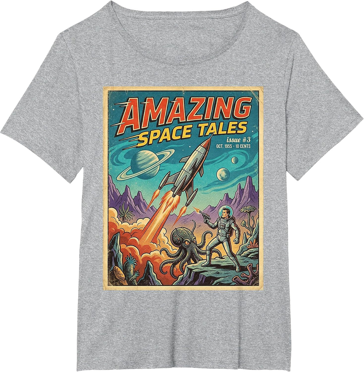 Vintage Sci-Fi Magazine Cover Amazing Space Tales Retro T-Shirt - Heather Grey