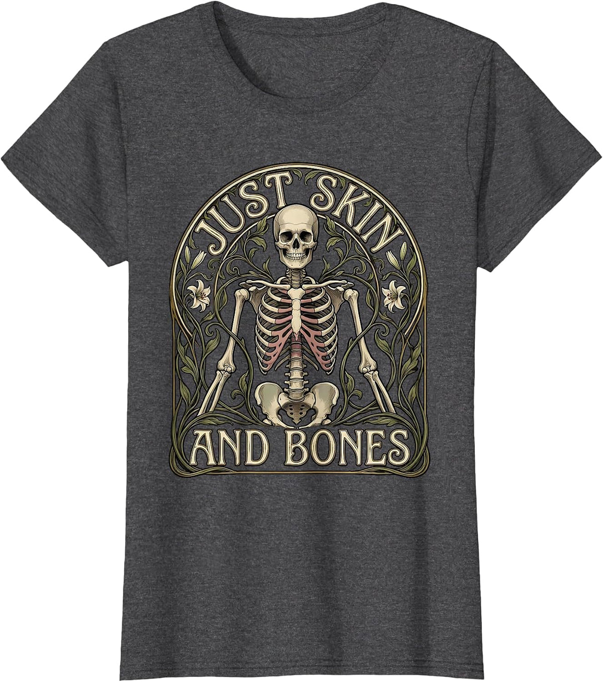 Women's Just Skin and Bones Skeleton Graphic Design T-Shirt - Dark Heather Grey