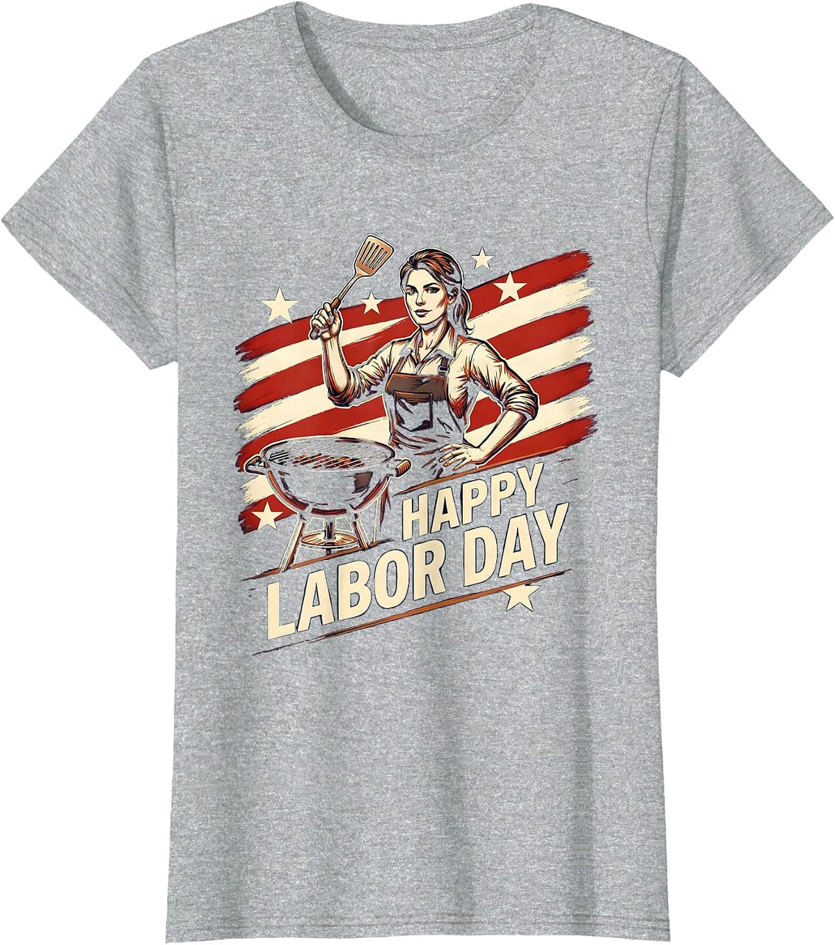Happy Labor Day Patriotic Woman Work Apron BBQ Illustration T-Shirt - Heather Grey
