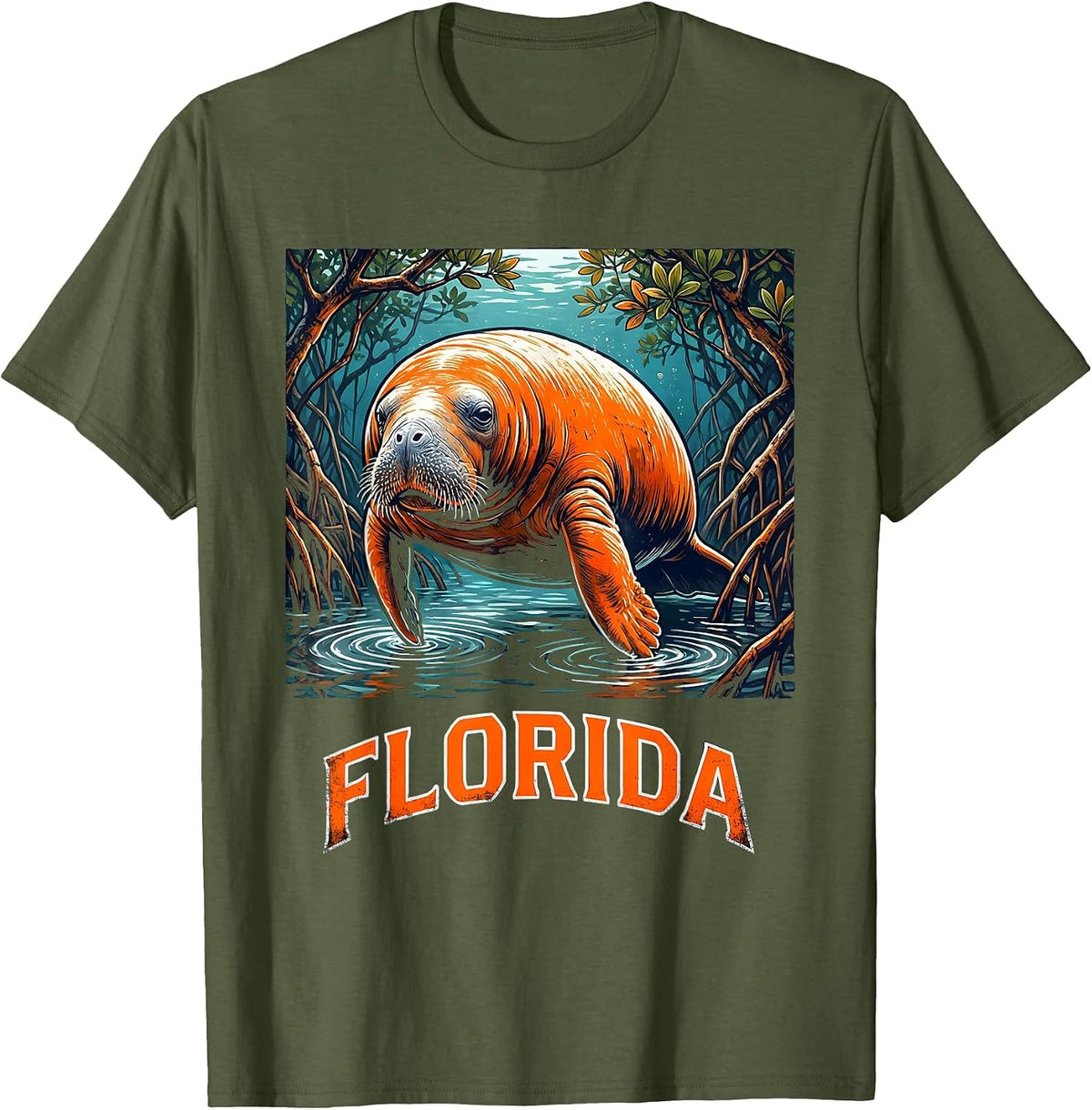 FLORIDA Vintage Manatee Surfing Florida State Pride Souvenir T-Shirt - Olive Green