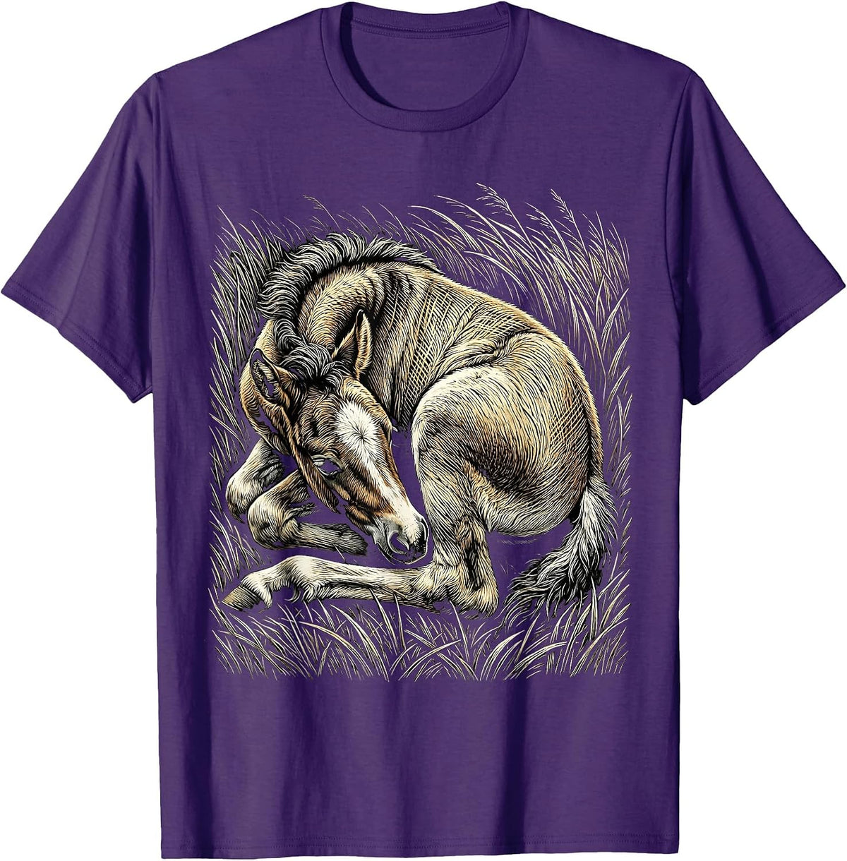 Sleeping Foal in Tall Grass Horse Lover Design T-Shirt - Purple