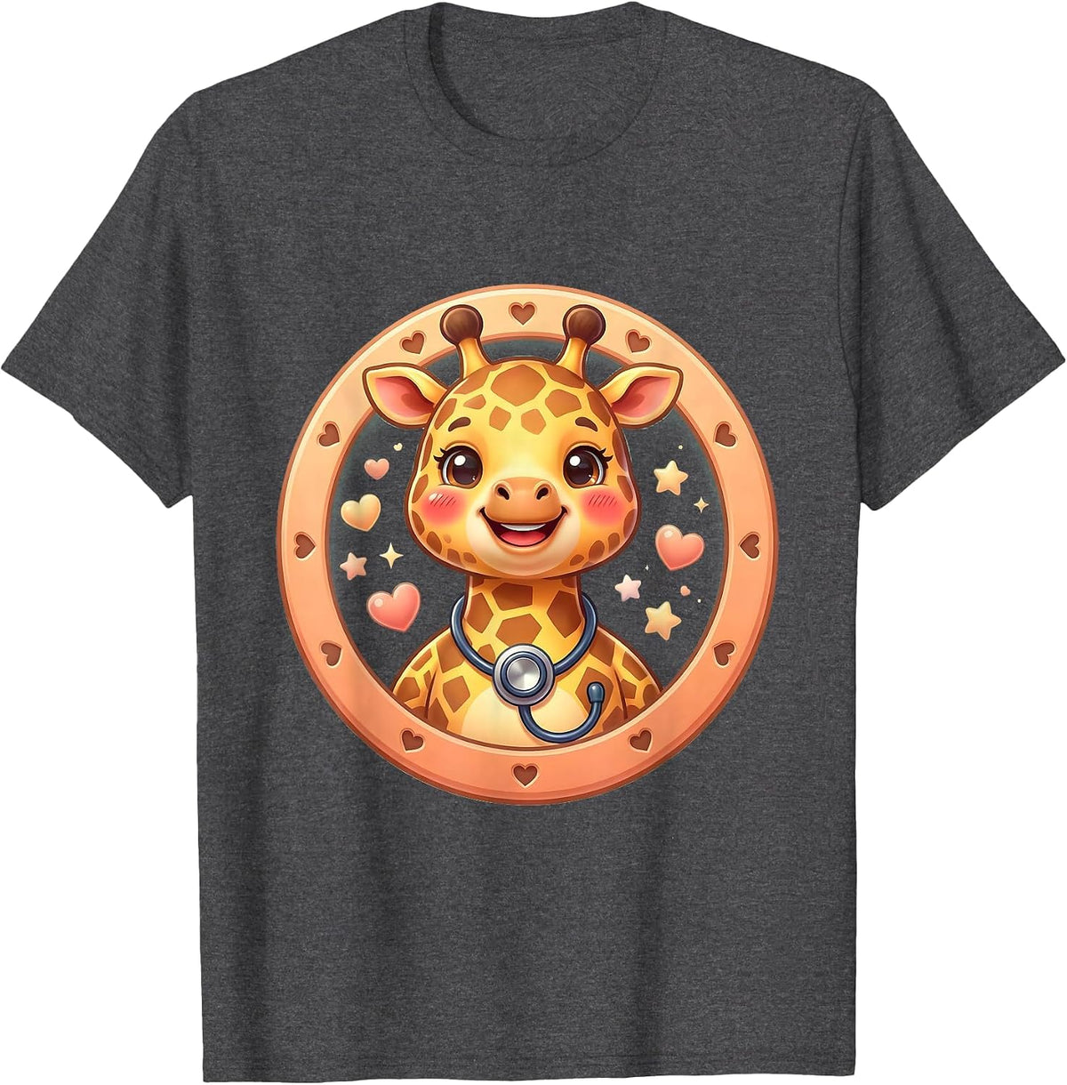 Men's Pediatric Nurse Cartoon Giraffe Stethoscope T-Shirt - Dark Heather Grey