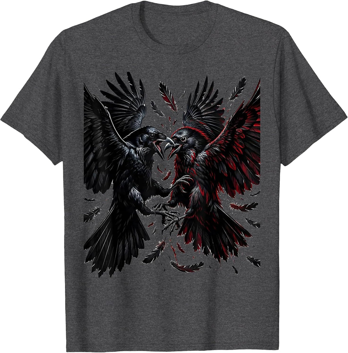 Crow vs Raven Mid-Air Battle Illustration T-Shirt - Dark Heather Grey