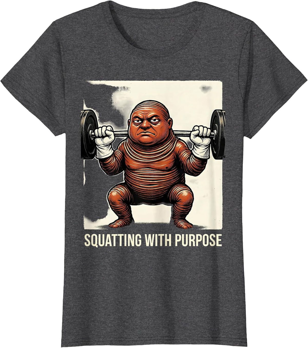 Women's Squatting With Purpose Retro Cartoon Funny Gym Weightlifting T-Shirt - Dark Heather Grey