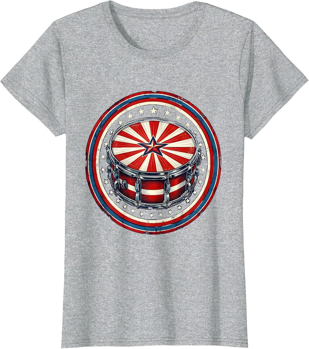 Women's Patriotic Drum Star-Burst Red White Blue Design T-Shirt - Heather Grey