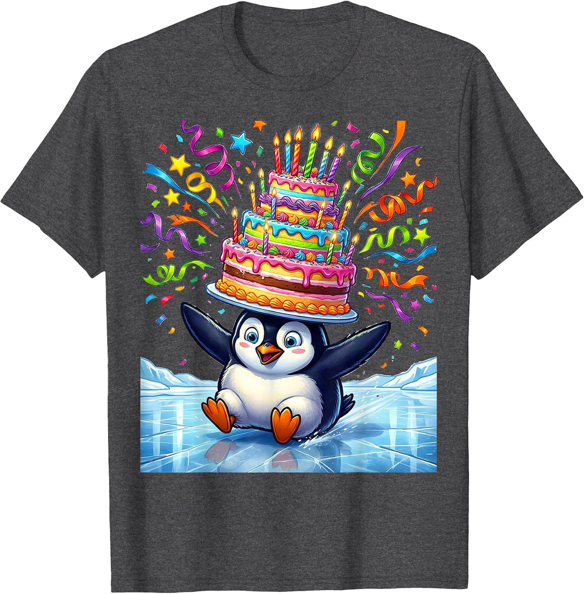 Penguin Ice Sliding Birthday Cake Celebration T-Shirt - Dark Heather Grey
