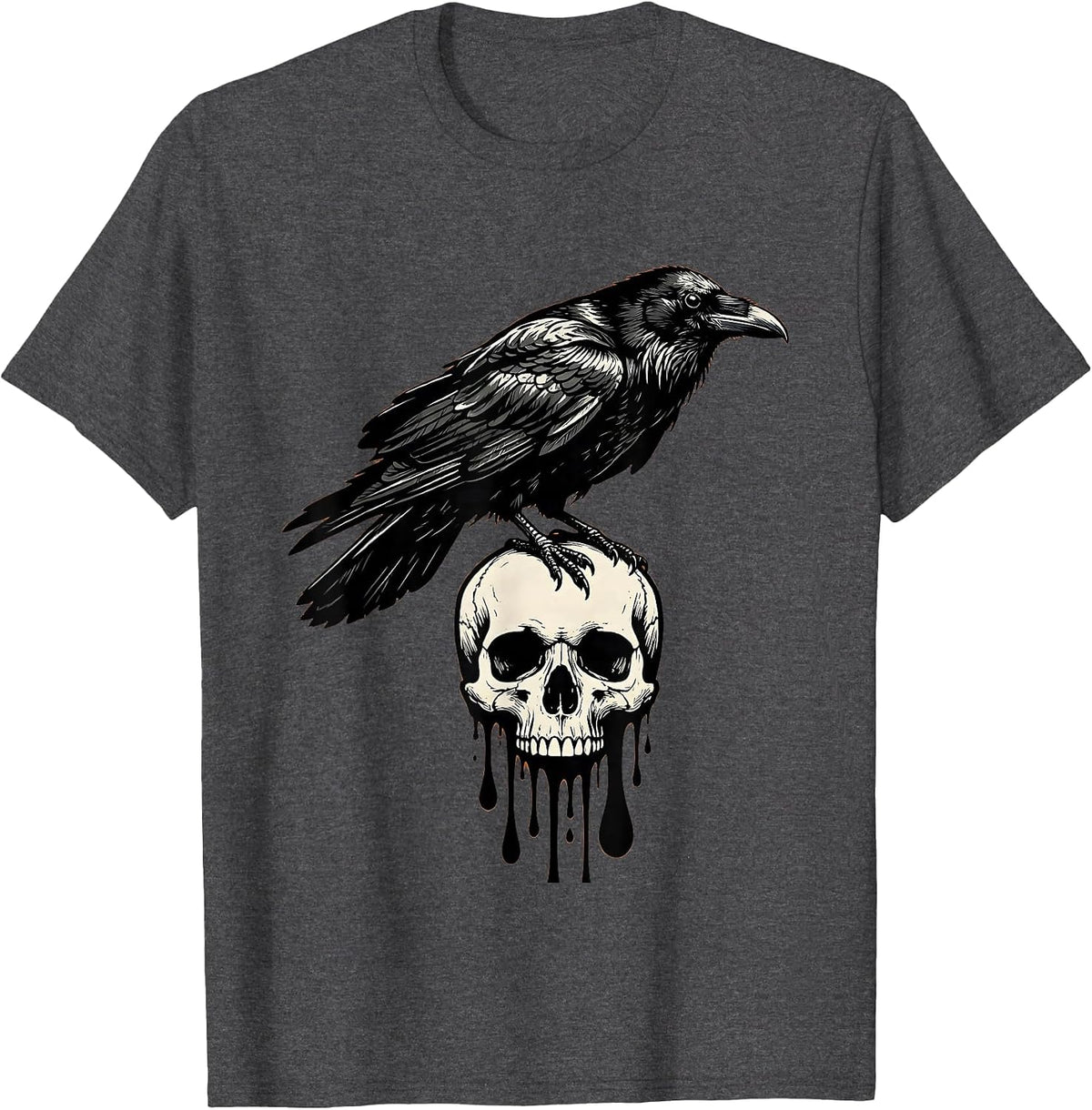 Raven Perched on Dripping Skull Halloween Design T-Shirt - Dark Heather Grey