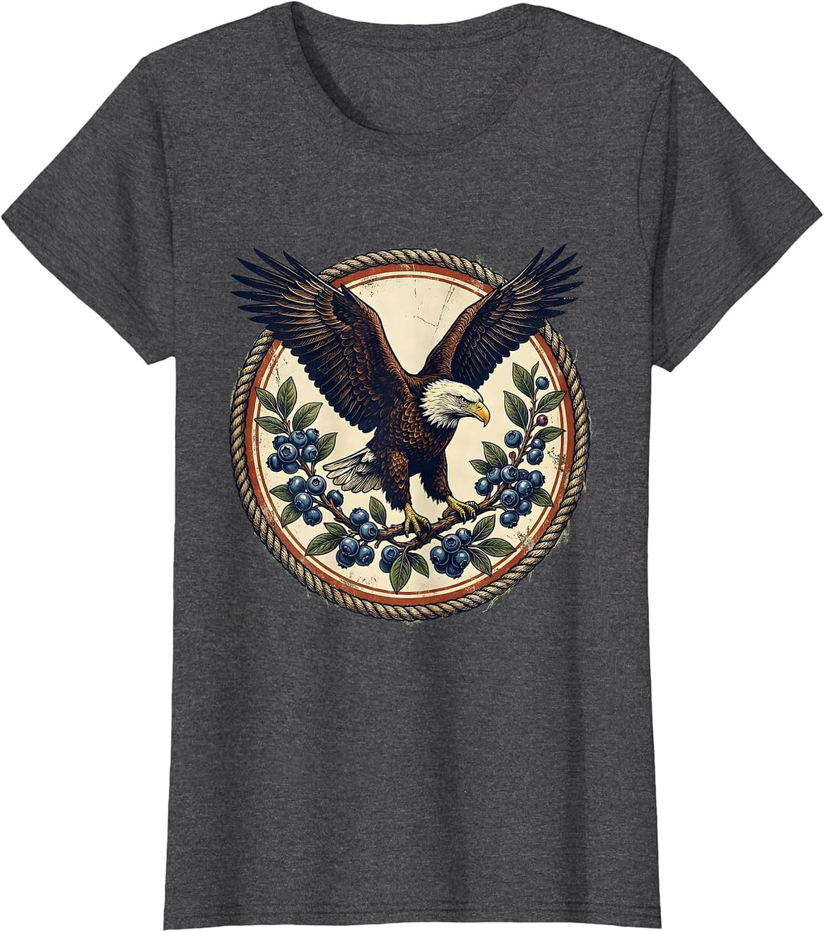 Women's Bald Eagle Blueberry Branch Patriotic Art T-Shirt - Dark Heather Grey