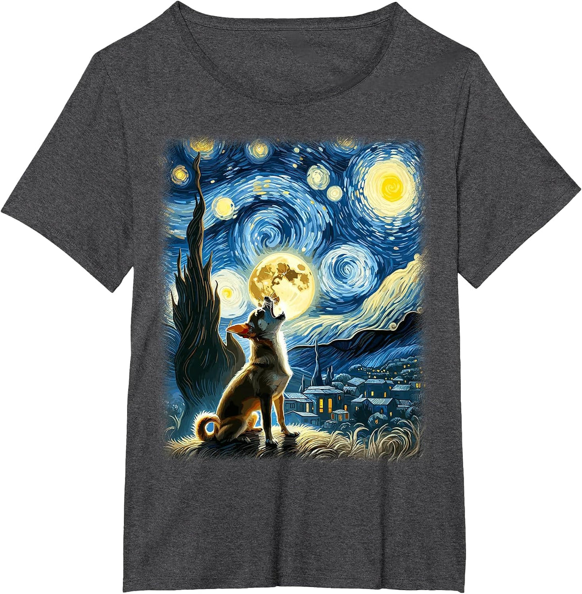 Howling Moon Artistic Pet Lover Scene Starry Night Chihuahua T-Shirt - Dark Heather Grey