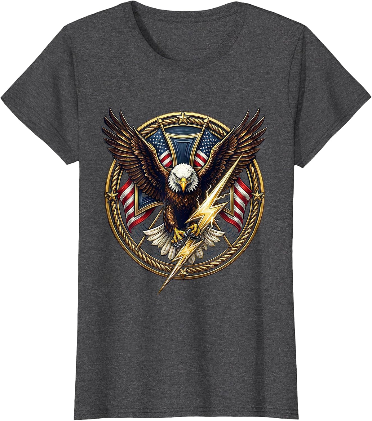 Women's Bald Eagle Lightning Bolt Patriotic Graphic Tee T-Shirt - Dark Heather Grey
