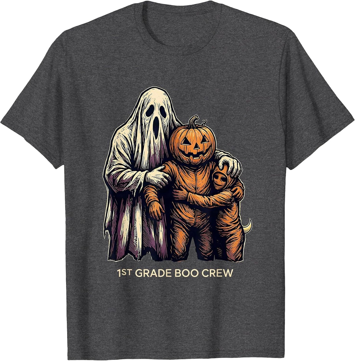 Men's 1st Grade Boo Crew Playful Halloween Teacher Student Crew T-Shirt - Dark Heather Grey