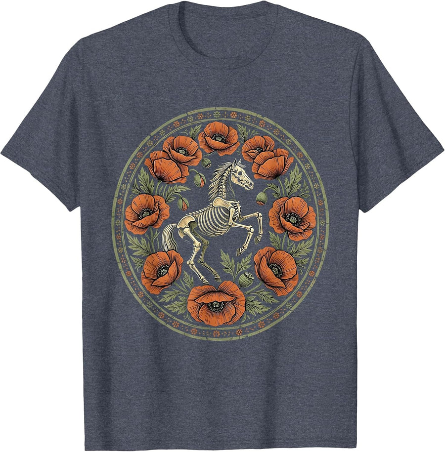 Skeleton Horse in Poppy Field Graphic Design T-Shirt - Heather Blue