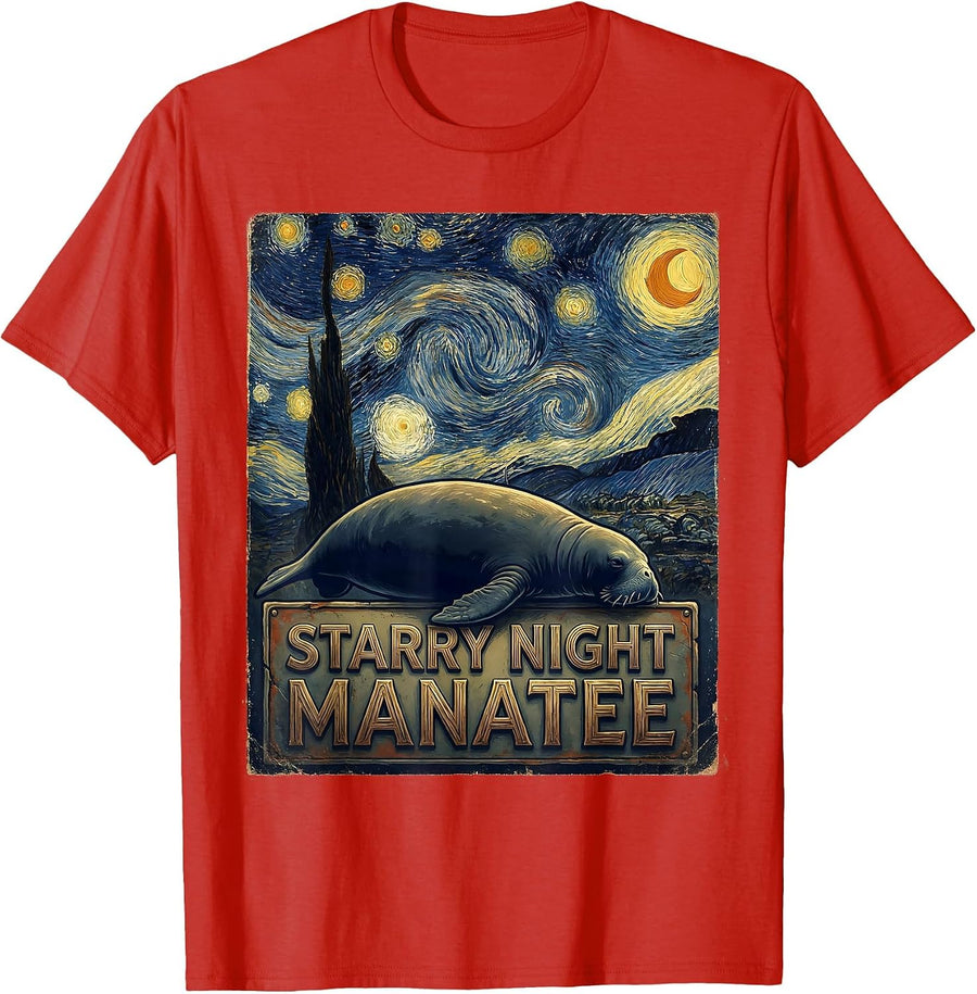 Men's Starry Night Manatee Vintage Art Animal Lover Gift T-Shirt - Red