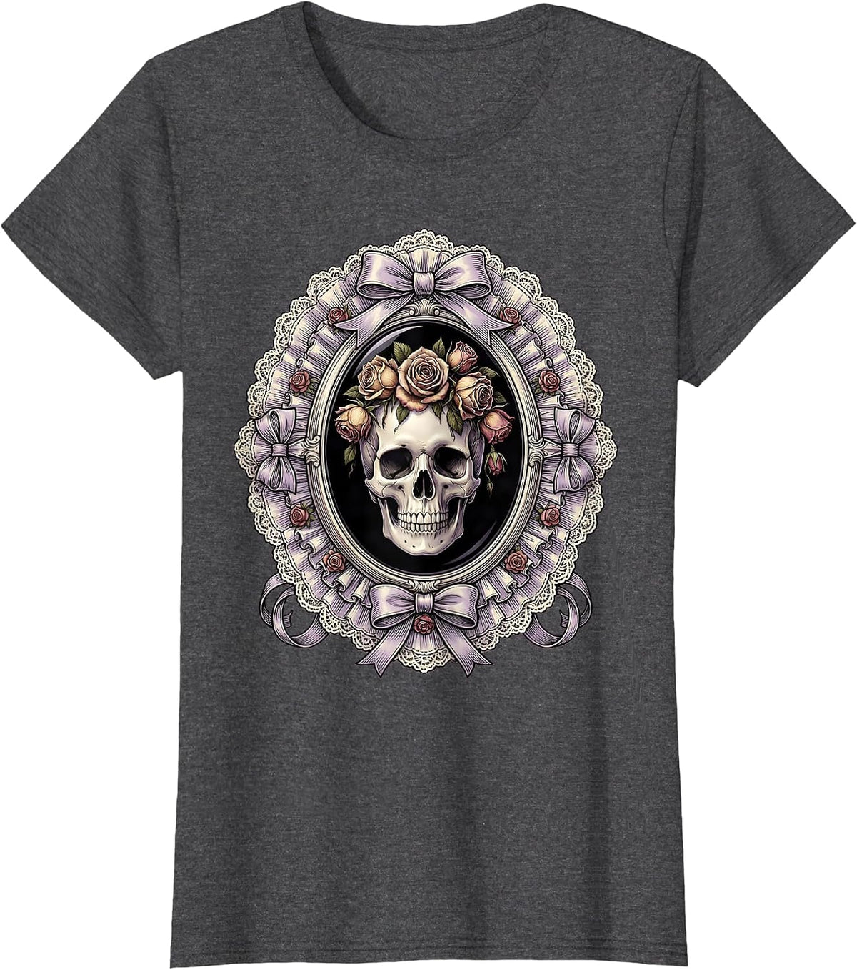 Women's Skull Crowned With Wilting Black Roses Goth Art T-Shirt - Dark Heather Grey