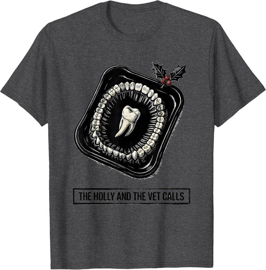 Men's The Holly And The Vet Calls Funny Veterinary Tech Christmas T-Shirt - Dark Heather Grey