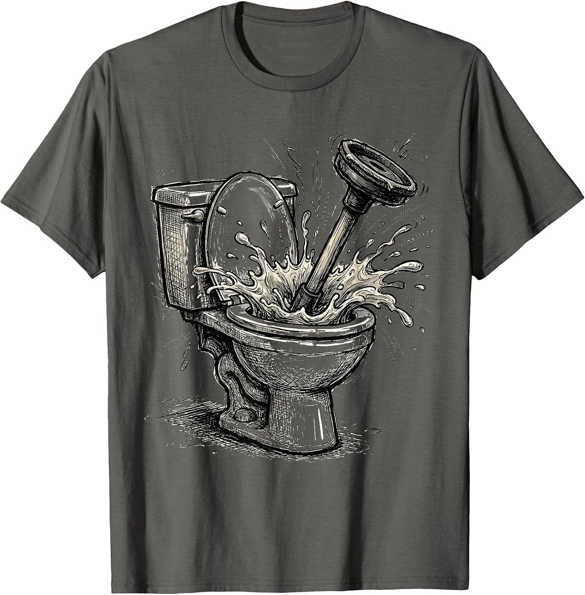 Overflowing Toilet Plunger Stuck Funny Graphic T-Shirt - Asphalt Grey