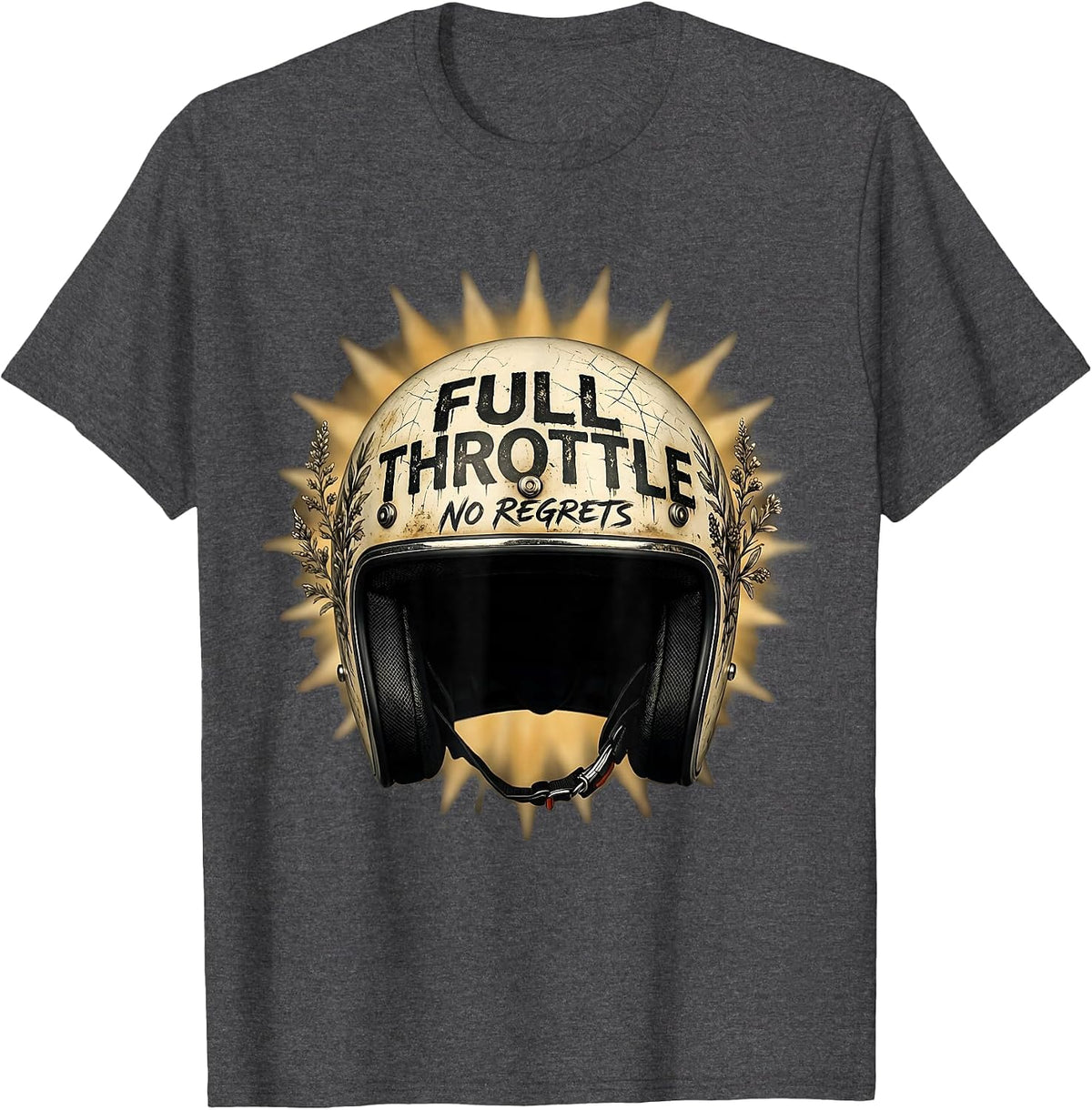 Full Throttle No Regrets Biker Design T-Shirt - Dark Heather Grey