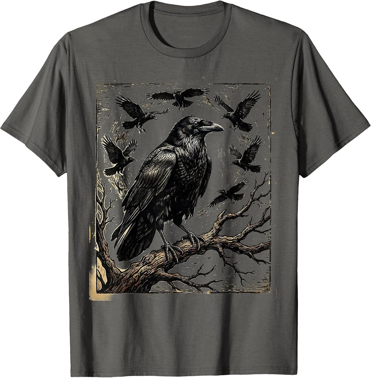 Men's Six Ravens Circling the Seventh Perched Raven T-Shirt - Asphalt Grey