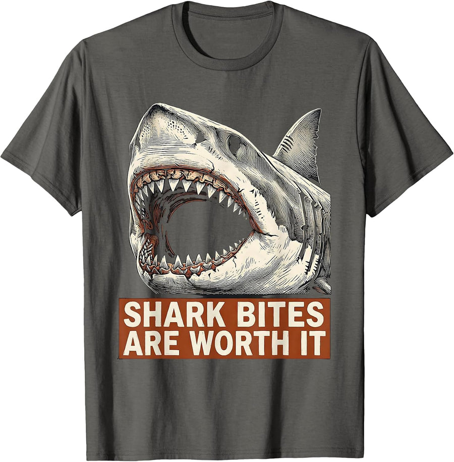 Shark Bites Are Worth It Funny Shark Lover Ocean Wildlife T-Shirt - Asphalt Grey