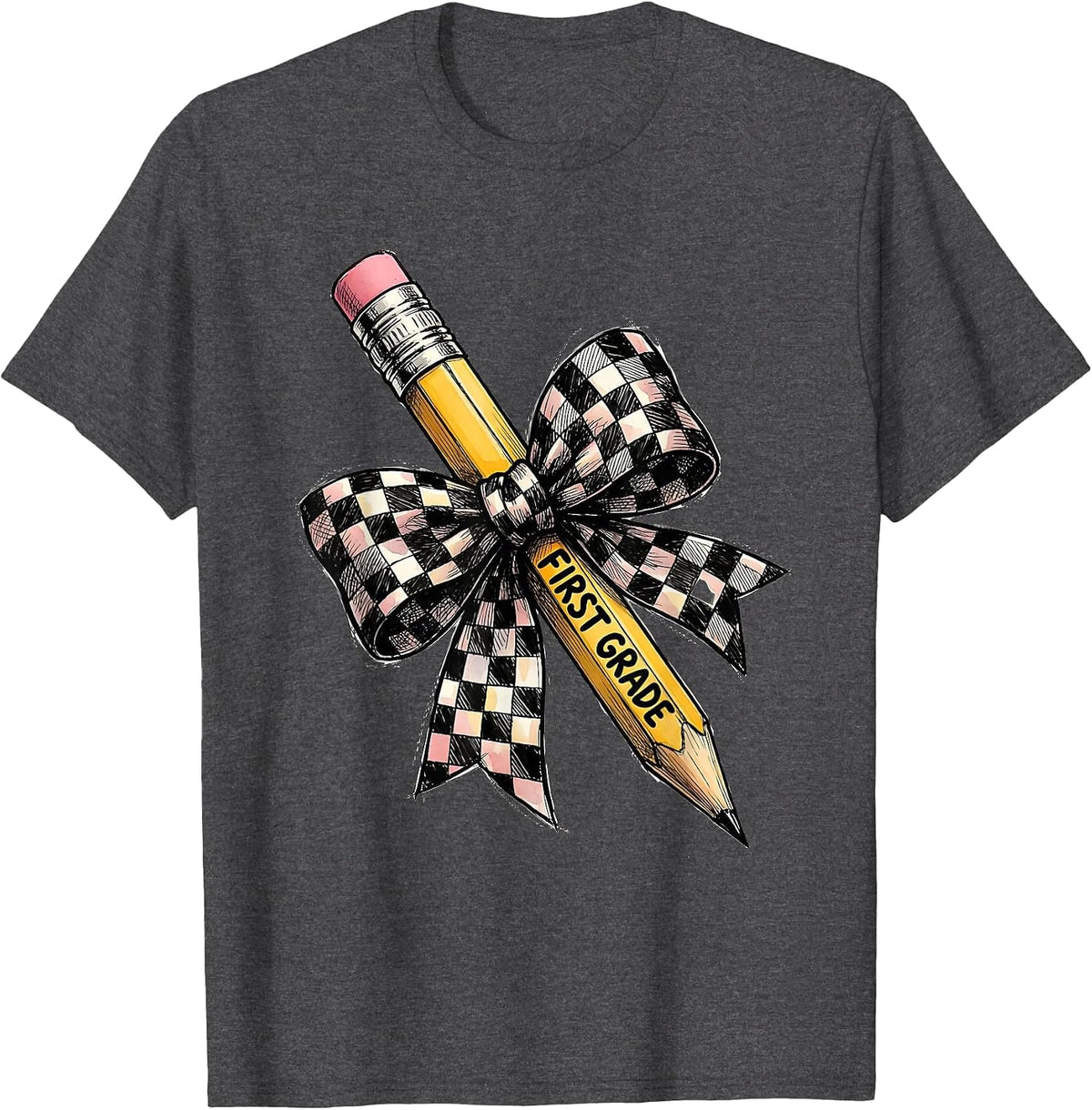 Men's First Grade Cute Coquette Bow Pencil Back to School Teacher T-Shirt - Dark Heather Grey