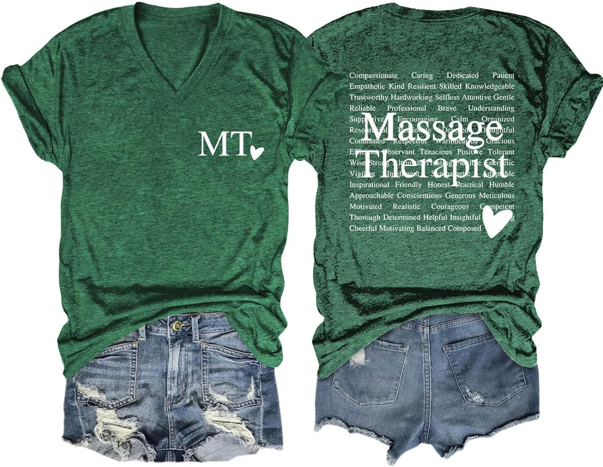 Massage Therapist Shirts for Women Summer V-Neck Short Sleeve Funny Letter Print Tees Massage Therapy Shirt - Dark Green