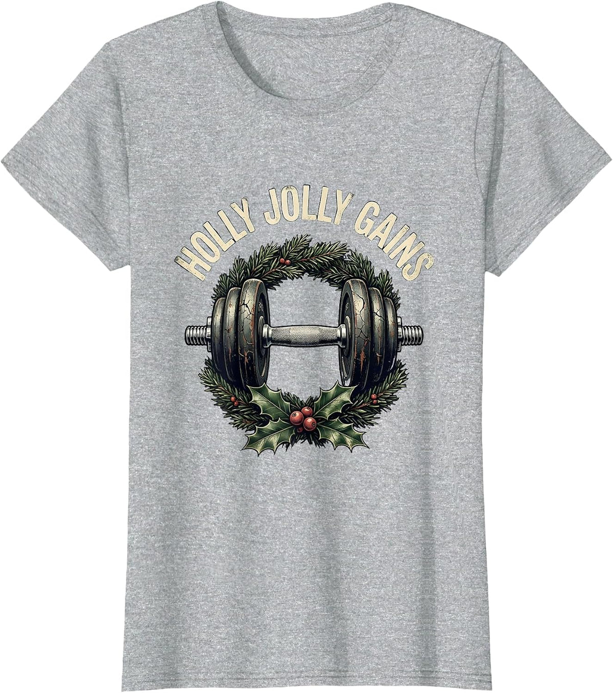 Women's Holly Jolly Gains Distressed Funny Christmas Weightlifting T-Shirt - Heather Grey