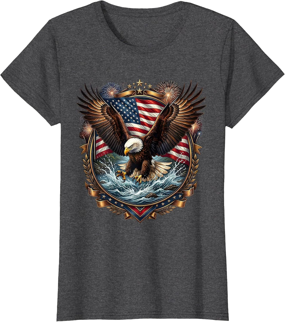 Women's Bald Eagle Wings Spread River Patriotic Design T-Shirt - Dark Heather Grey