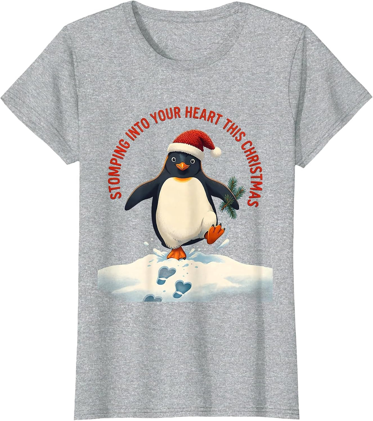 Women's Stomping Into Your Heart This Christmas Funny Penguin Lover T-Shirt - Heather Grey