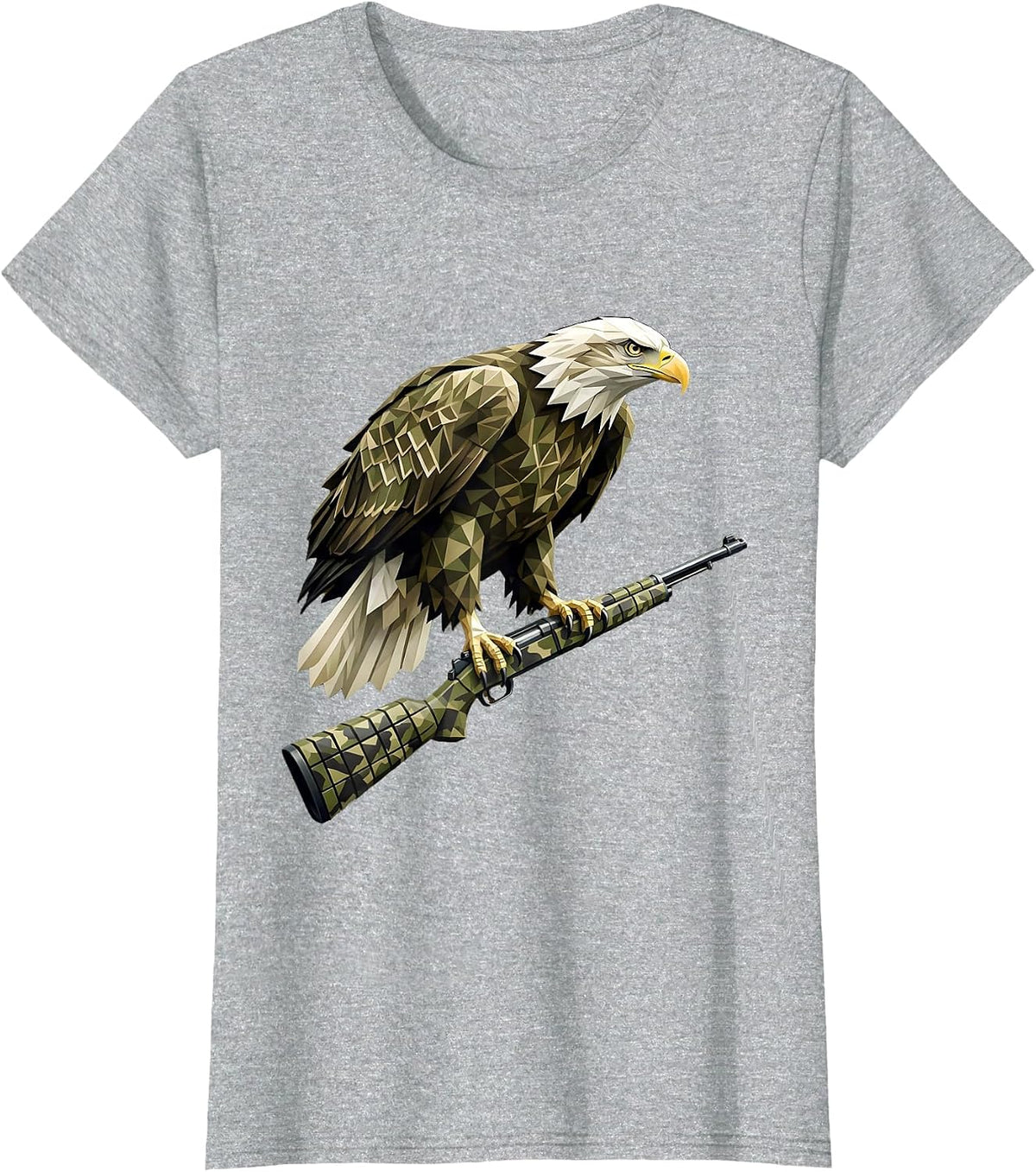 Camo Bald Eagle Perched on Rifle Barrel T-Shirt - Heather Grey