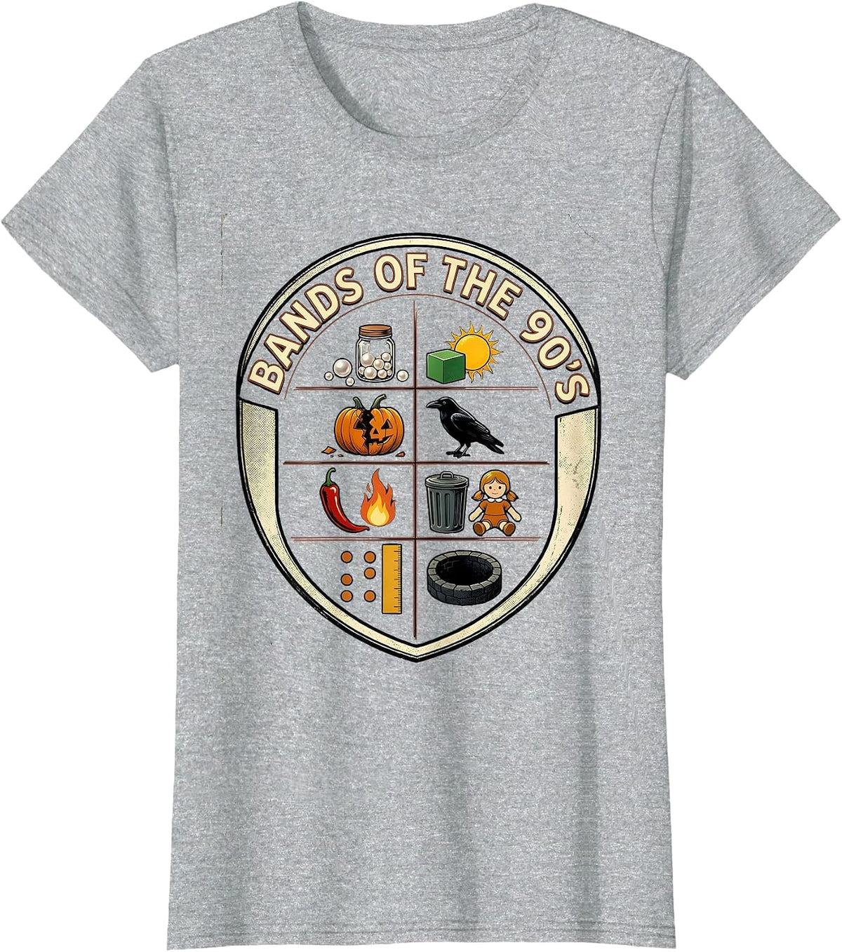 Women's Bands Of The 90's Vintage Retro Music Trivia Rebus Humor T-Shirt - Heather Grey