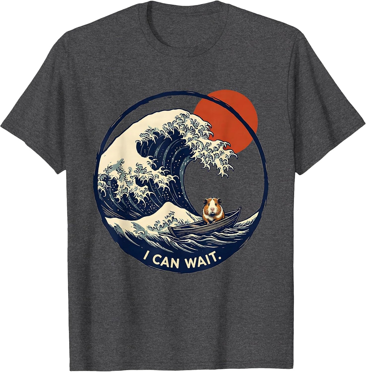 Men's I Can Wait Linocut Japanese Art Animal Meme Humor T-Shirt - Dark Heather Grey