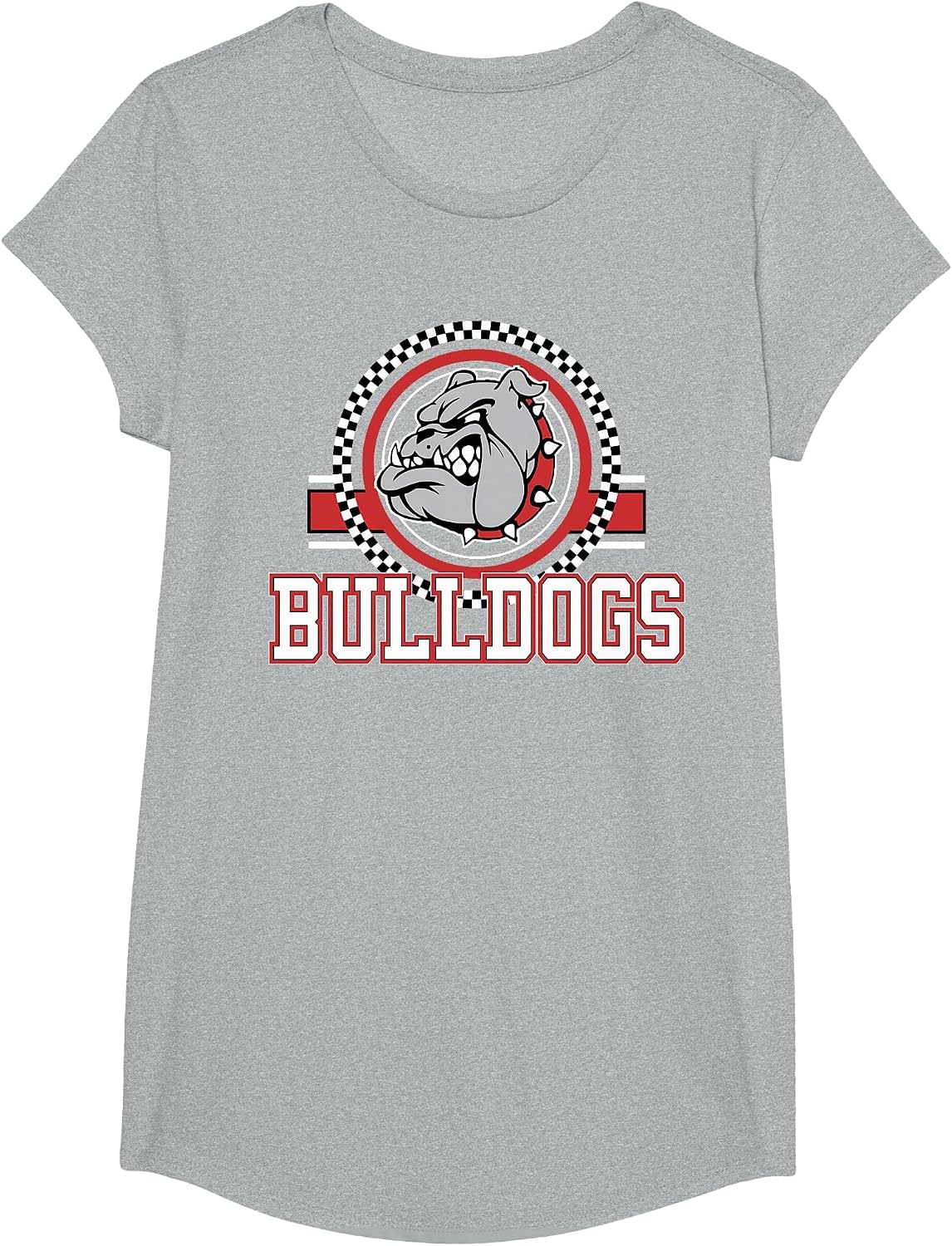 Bulldogs Checkered Print Logo Red Bulldog Mascot School T-Shirt - Girls Heather Grey