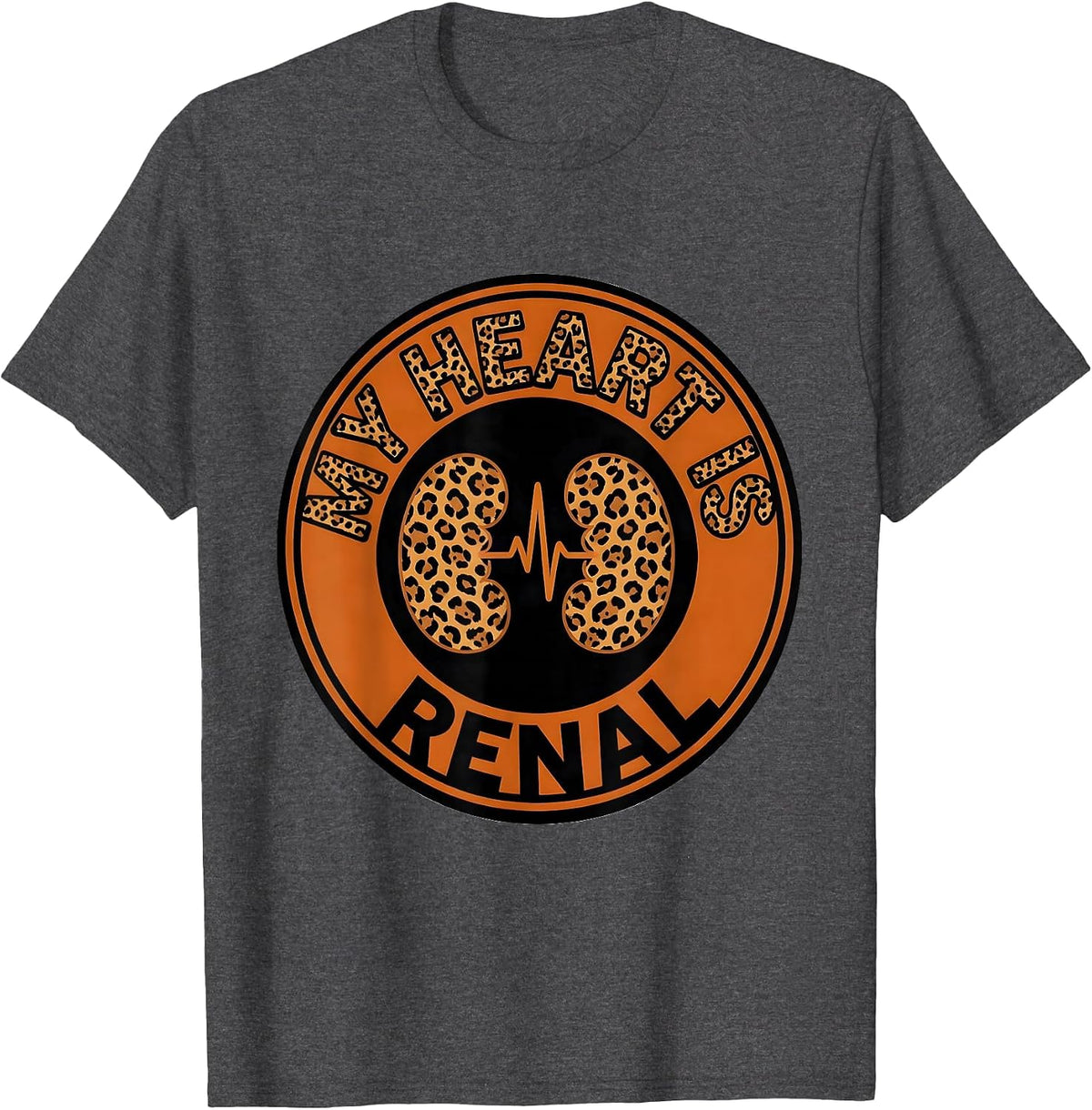 Men's My Heart Is Renal Leopard Dialysis Nurse Kidney Awareness T-Shirt - Dark Heather Grey