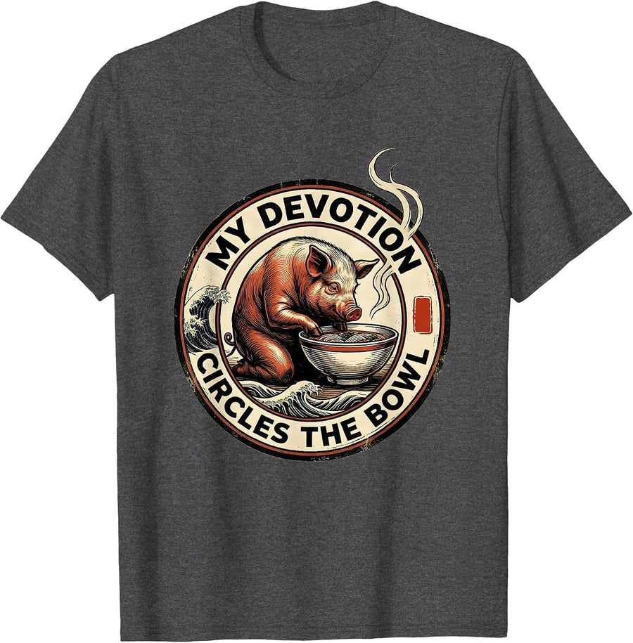 Men's My Devotion Circles The Bowl Vintage Anime Pig Ramen Humor T-Shirt - Dark Heather Grey