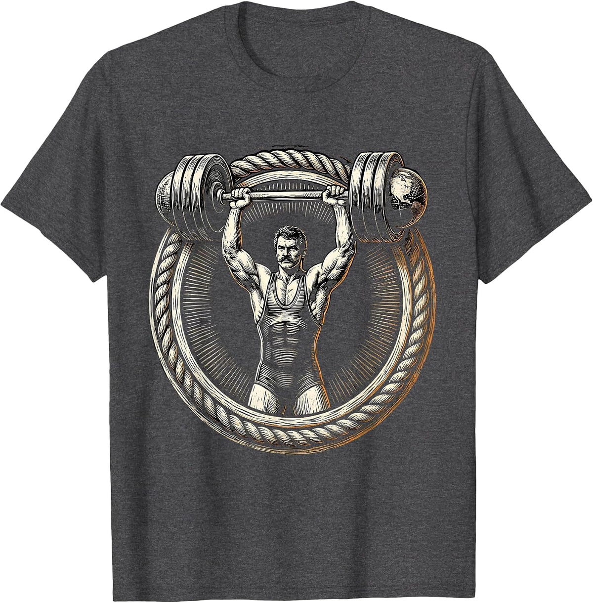 Retro Strongman Mustachioed Dumbbell Lifter T-Shirt - Dark Heather Grey