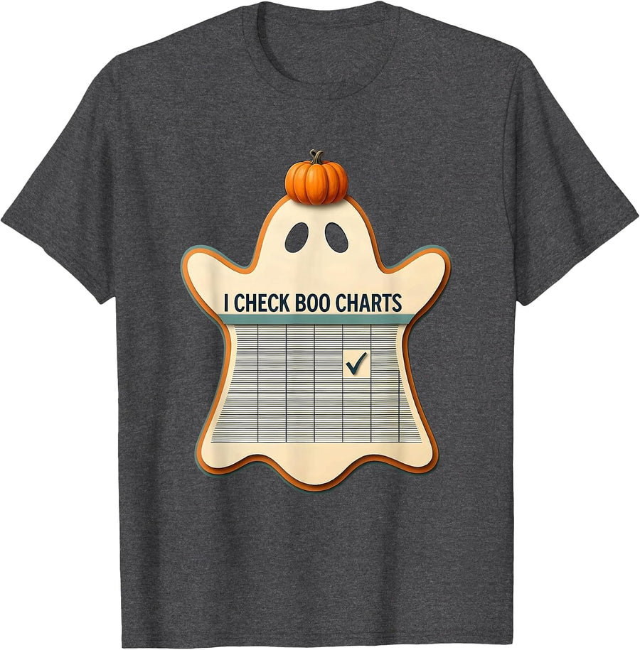 Men's I Check Boo Charts Funny Vet Tech Halloween Humor T-Shirt - Dark Heather Grey